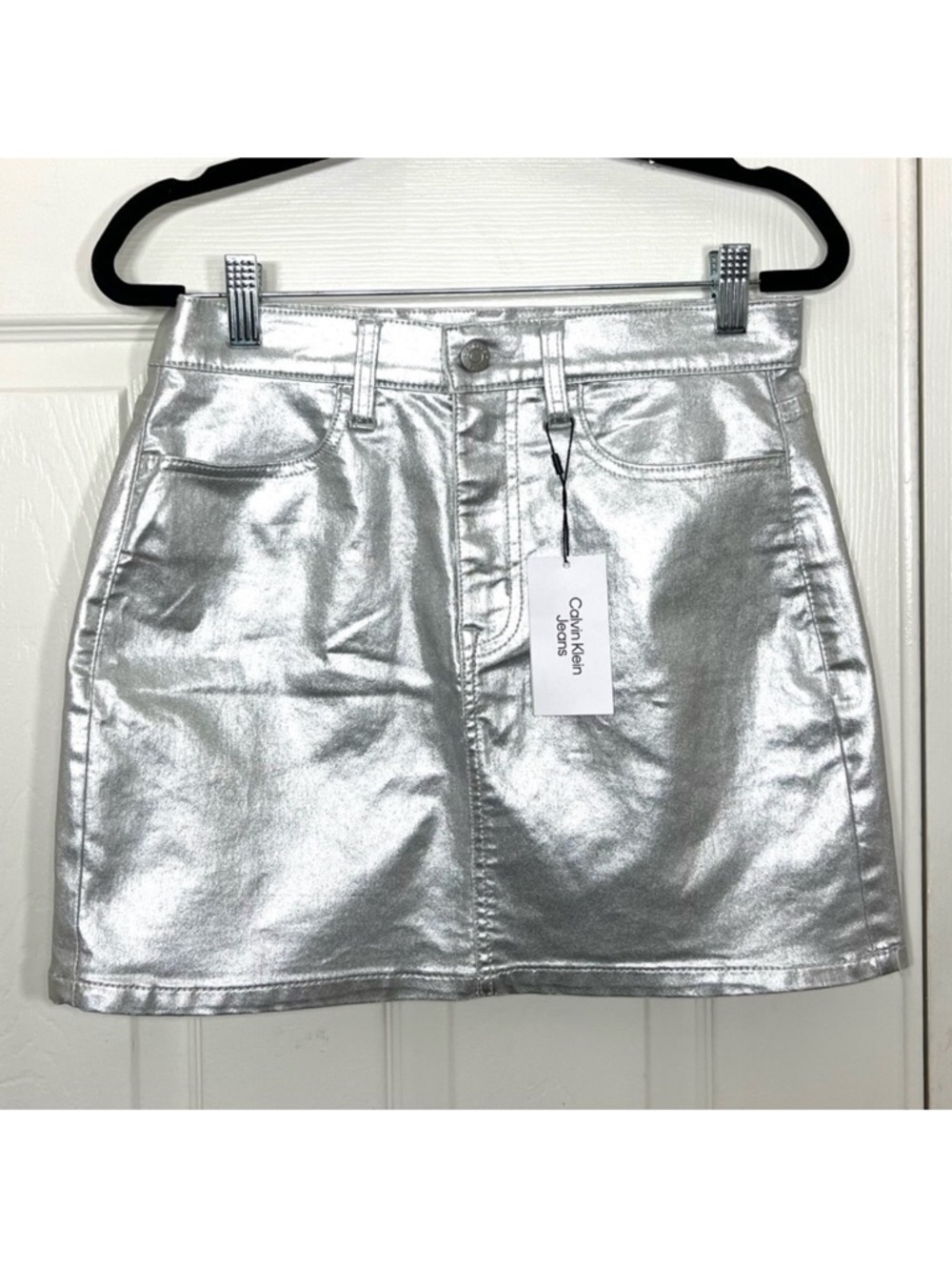 Calvin Klein Jeans Silver Metallic Mini Skirt Size 26 New
